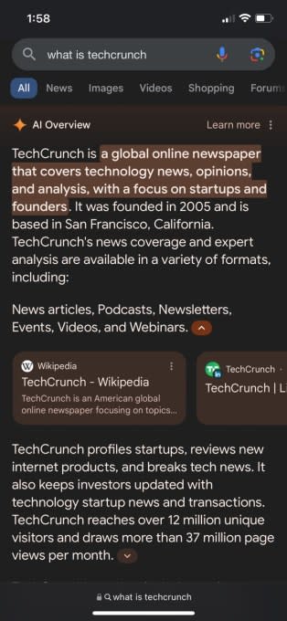 AI Overview responding to the search "what is techcrunch"