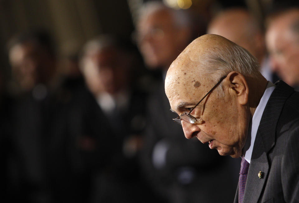 Italian President Giorgio Napolitano meets reporters at the Quirinale presidential palace, Rome, Friday, Feb. 21, 2014. Democratic Party leader Matteo Renzi has formed Italy's new government, saying the broad coalition aims to give the economically-strapped country "hope. When he and his Cabinet are sworn in on Saturday, Renzi, who had been serving as Florence mayor, will be Italy's youngest premier. Renzi said Friday he aims with his leadership to give a "strong message" to the international community that Italy will be achieving sorely needed electoral and economic reforms quickly. (AP Photo/Riccardo De Luca)