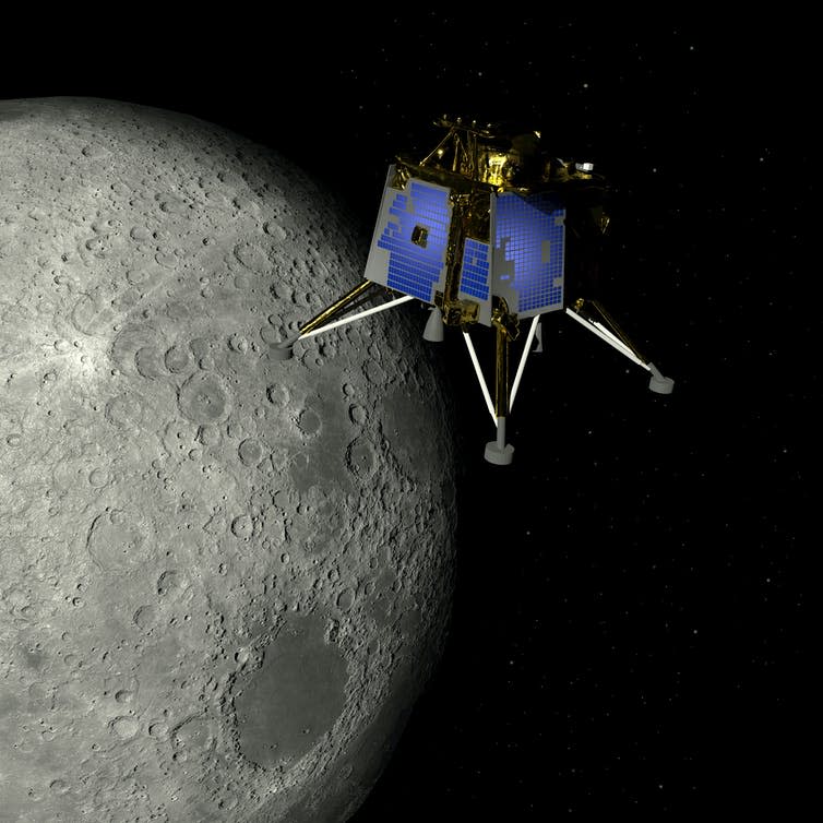 Computer image of a satellite above the Moon.