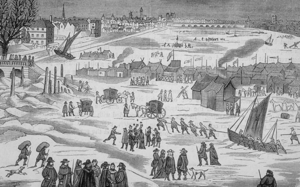 Engraving of a Frost Fair on the frozen Thames River - Getty Images Fee