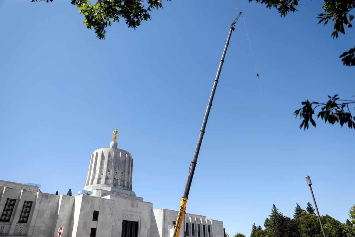 Work for seismic reinforcement begins on the Oregon State Capitol dome on July 26 in Salem.