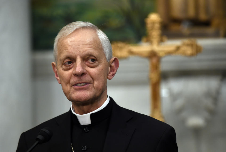 File - In this June 30, 2015, file photo Cardinal Donald Wuerl, archbishop of Washington, speaks during a news conference at the Cathedral of St. Matthew the Apostle in Washington. North Catholic High School, a Roman Catholic high school will shed the name of Wuerl, who was cited in a sweeping grand jury report as having allowed priests accused of sexual misconduct with children to be reassigned or reinstated while he was Pittsburgh’s bishop. (AP Photo/Susan Walsh, File)