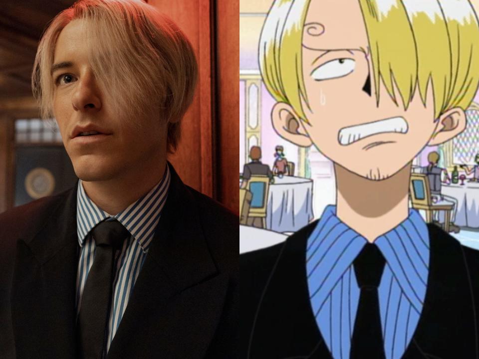 left: taz skylar as sanji; right: sanji in the one piece anime. both are wearing blue striped shirts, black ties, and suit jackets, with blonde hair falling over one eye. anime sanji has a distinctly curly eyebrow