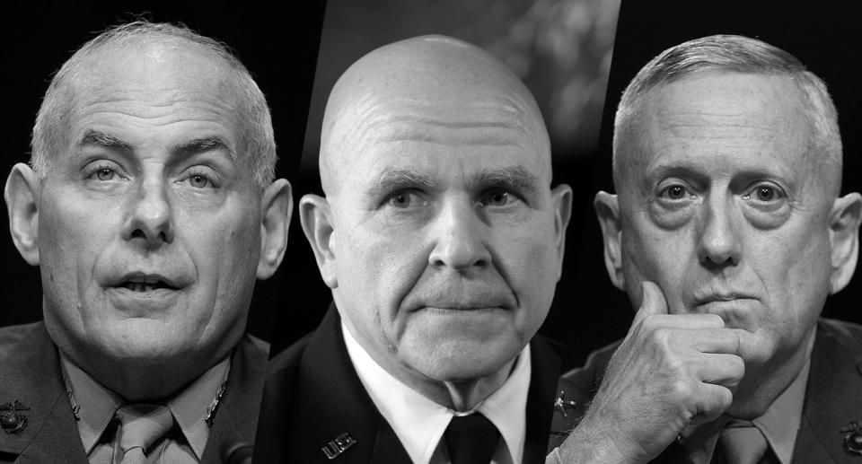 From left to right: Marine Gen. John F. Kelly, Army Gen. H.R. McMaster and Marine Corps Gen. James Mattis (Yahoo News photo Illustration; photos: AP, Getty)