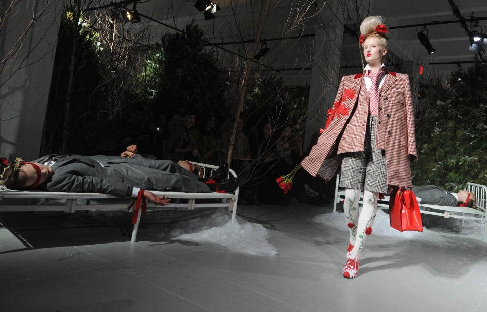 The Thom Browne Fall 2013 collection is modeled during Fashion Week, Monday, Feb. 11, 2013, in New York. (AP Photo/Louis Lanzano)