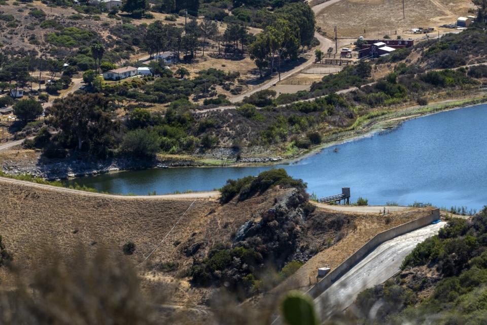 An aerial view of the Middle Ranch Reservoir on Catalina