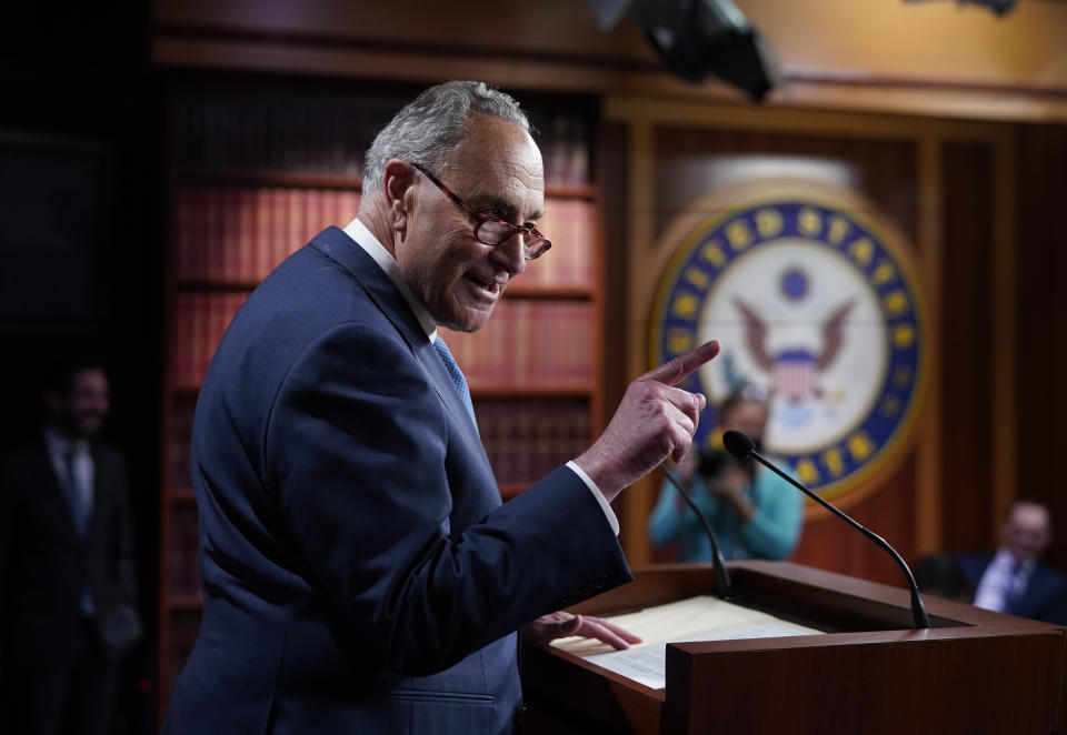 Senate Majority Leader Chuck Schumer, D-N.Y., speaks to reporters after final votes going into the Memorial Day recess, at the Capitol in Washington, Friday, May 28, 2021. Senate Republicans successfully blocked the creation of a bipartisan commission to study the Jan. 6 attack on the Capitol by rioters loyal to former President Donald Trump. (AP Photo/J. Scott Applewhite)