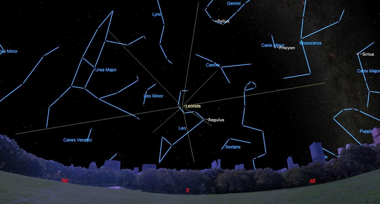  A wide view of the night sky shows many outlined constellations, with protruding lines indicating the Leonids meteor shower. 