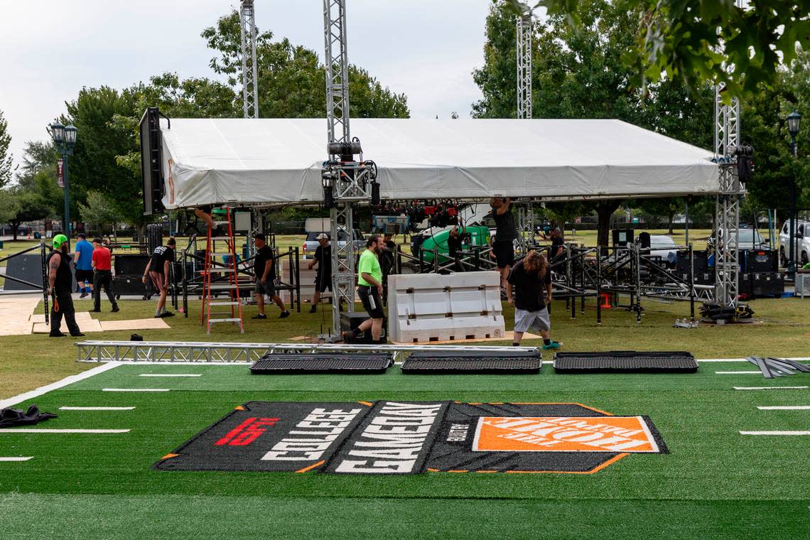 Crews set up for the broadcast of College GameDay at Gamecock Park on Thursday Sept. 12, 2024.