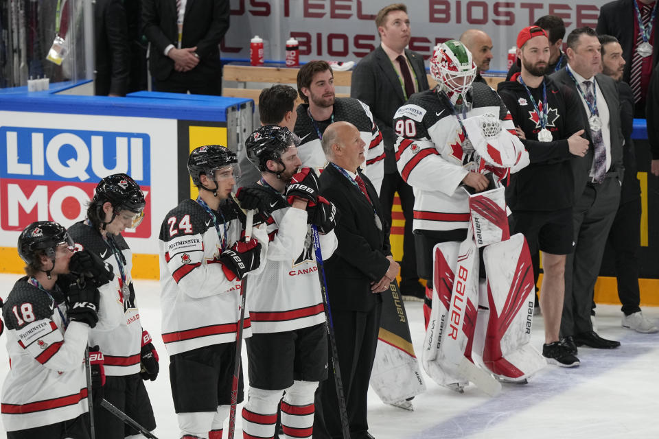 Team Canada is seen after the Hockey World Championship final match between Finland and Canada, Sunday May 29, 2022, in Tampere, Finland. Finland won 4-3 in overtime. (AP Photo/Martin Meissner)