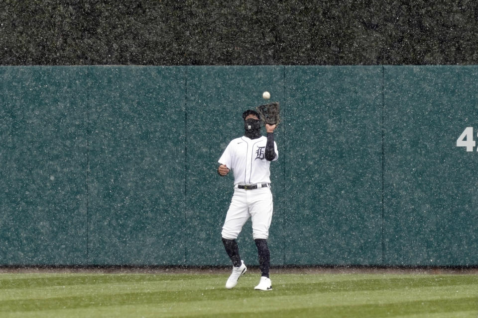 Detroit Tigers center fielder JaCoby Jones makes a catch during the second inning of a baseball game against the Cleveland Indians, Thursday, April 1, 2021, in Detroit. (AP Photo/Carlos Osorio)