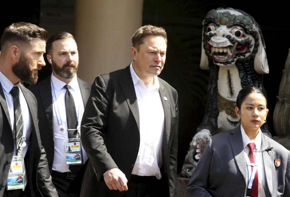 Elon Musk, center, attend the 10th World Water Forum in Nusa Dua, Bali, Indonesia on Monday, May 20, 2024. (AP Photo/Firdia Lisnawati)