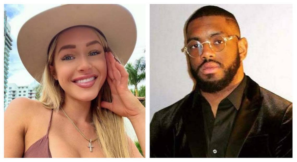 OnlyFans model Courtney Clenney, left, is accused of fatally stabbing her boyfriend, Christian Obumseli, right, on April 3, 2022, in their Miami apartment. Her parents were arrested Tuesday, Jan. 30, 2024, in Austin, Texas. They are charged with illegally hacking into his computer after his death. Late Tuesday, Courtney was also charged in the alleged hacking. Instagram and Facebook