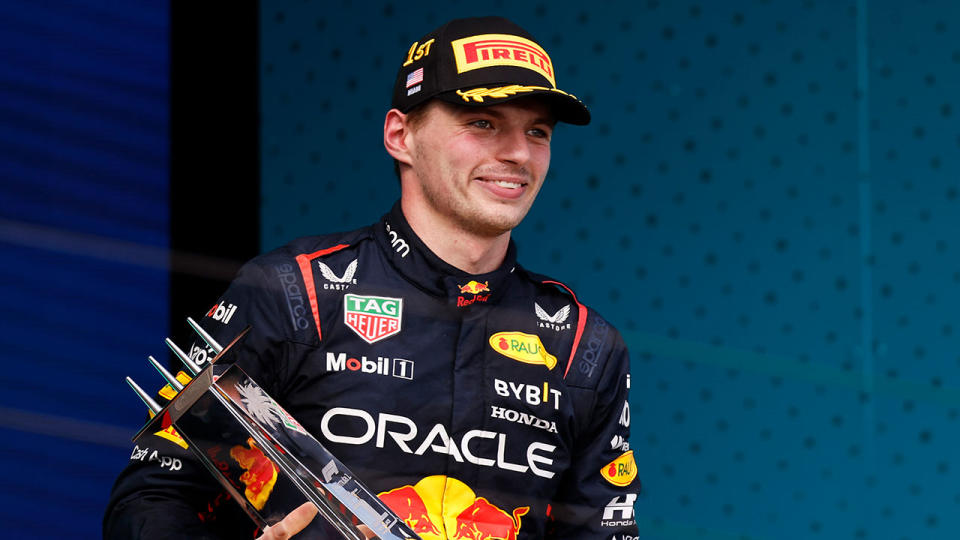 Max Verstappen celebrates after winning the Miami Grand Prix. Pic: Getty