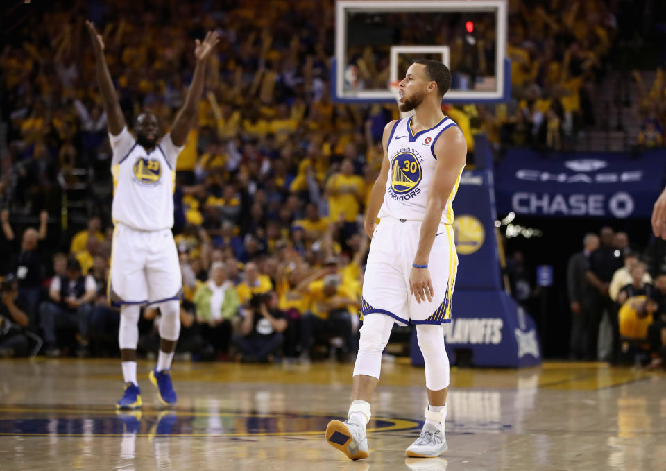 Draymond Green, Stephen Curry and the Warriors are on to their fourth straight Western Conference finals. (Getty)