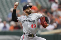 Minnesota Twins starting pitcher Pablo López throws during the first inning of a baseball game against the Baltimore Orioles, Wednesday, April 17, 2024, in Baltimore. (AP Photo/Jess Rapfogel)