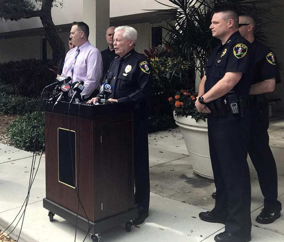 Jupiter, Fla., Police Chief Daniel Kerr speaks during a news conference Friday, Feb. 22, 2019, in Jupiter, Fla., where they announced that they have charged New England Patriots owner Robert Kraft with misdemeanor solicitation of prostitution. (Olivia Hitchcock/Palm Beach Post via AP)