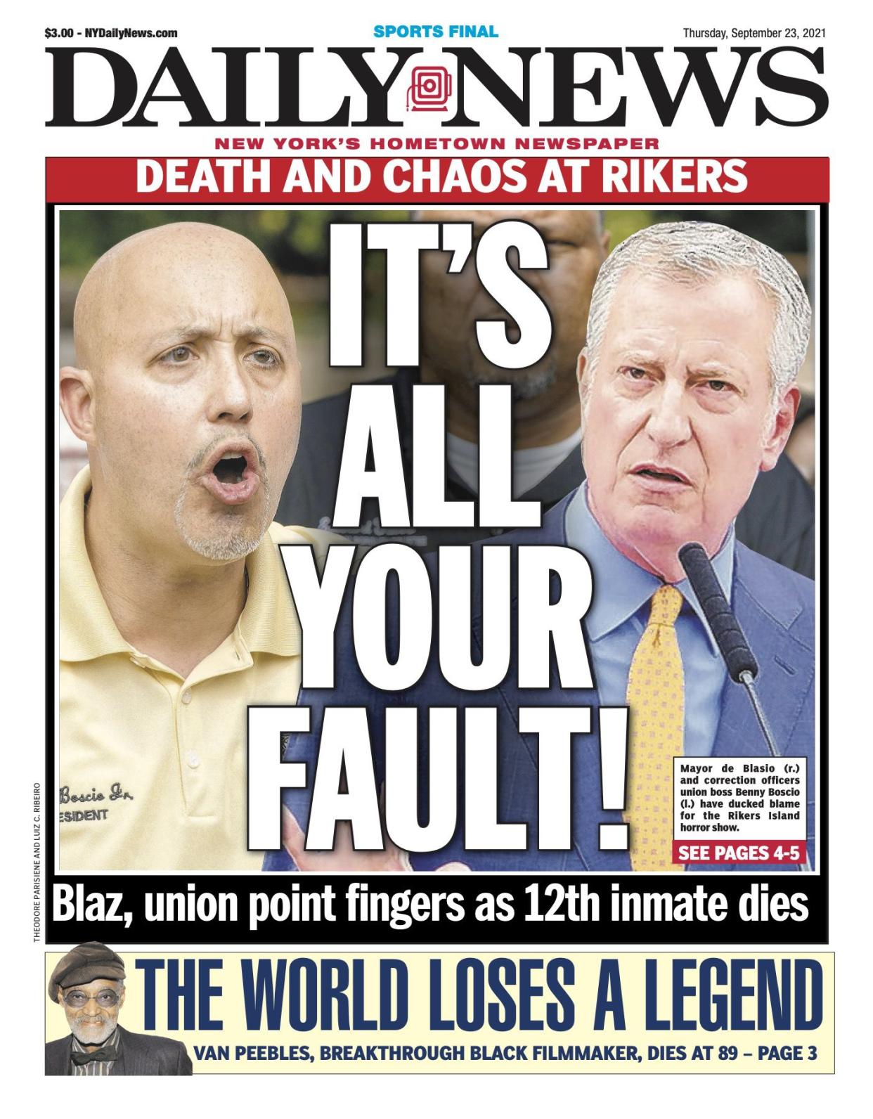 Front page for Sept. 23, 2021: Blaz, union point fingers as 12th inmate dies. Mayor de Blasio (r.) and correction officers union boss Benny Boscio (l.) have ducked blame for the Rikers Island horror show.