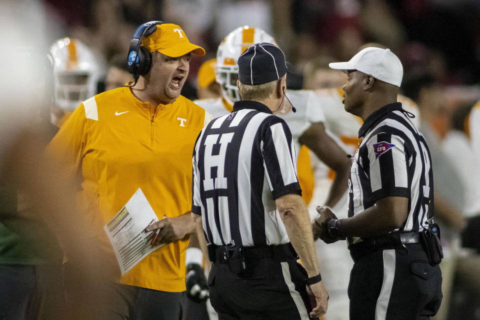 Tennessee coach Josh Heupel argues against a touchdown by Alabama quarterback Bryce Young during the second half of an NCAA college football game Saturday, Oct. 23, 2021, in Tuscaloosa, Ala. (AP Photo/Vasha Hunt)
