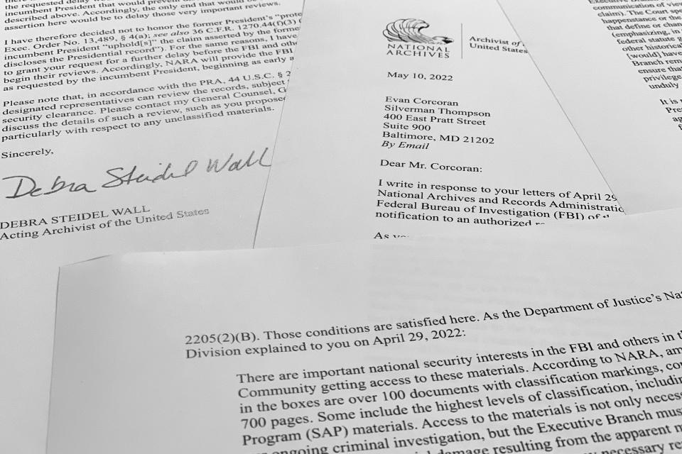 FILE - A letter from acting archivist of the United States Debra Steidel Wall to former President Donald Trump's legal team is photographed Tuesday, Aug. 23, 2022. The letter details that the National Archives recovered 100 documents bearing classified markings, totaling more than 700 pages, from an initial batch of 15 boxes retrieved from Mar-a-Lago earlier in 2022. (AP Photo/Jon Elswick, File)