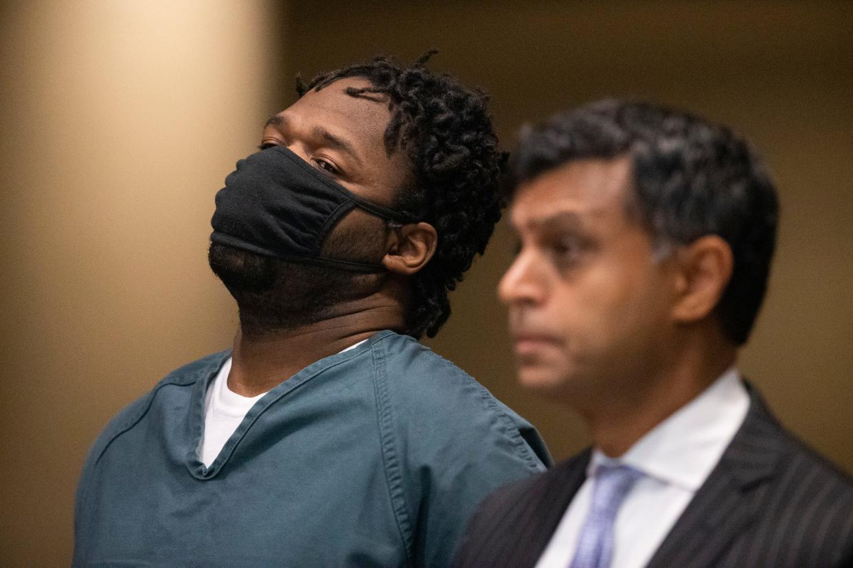 Cleotha Abston-Henderson, the man charged with the abduction and killing of Memphis teacher Eliza Fletcher, makes a court appearance with Juni Ganguli, one of his new defense attorneys, in Shelby County Criminal Court in Memphis, Tenn., on Friday, September 15, 2023.