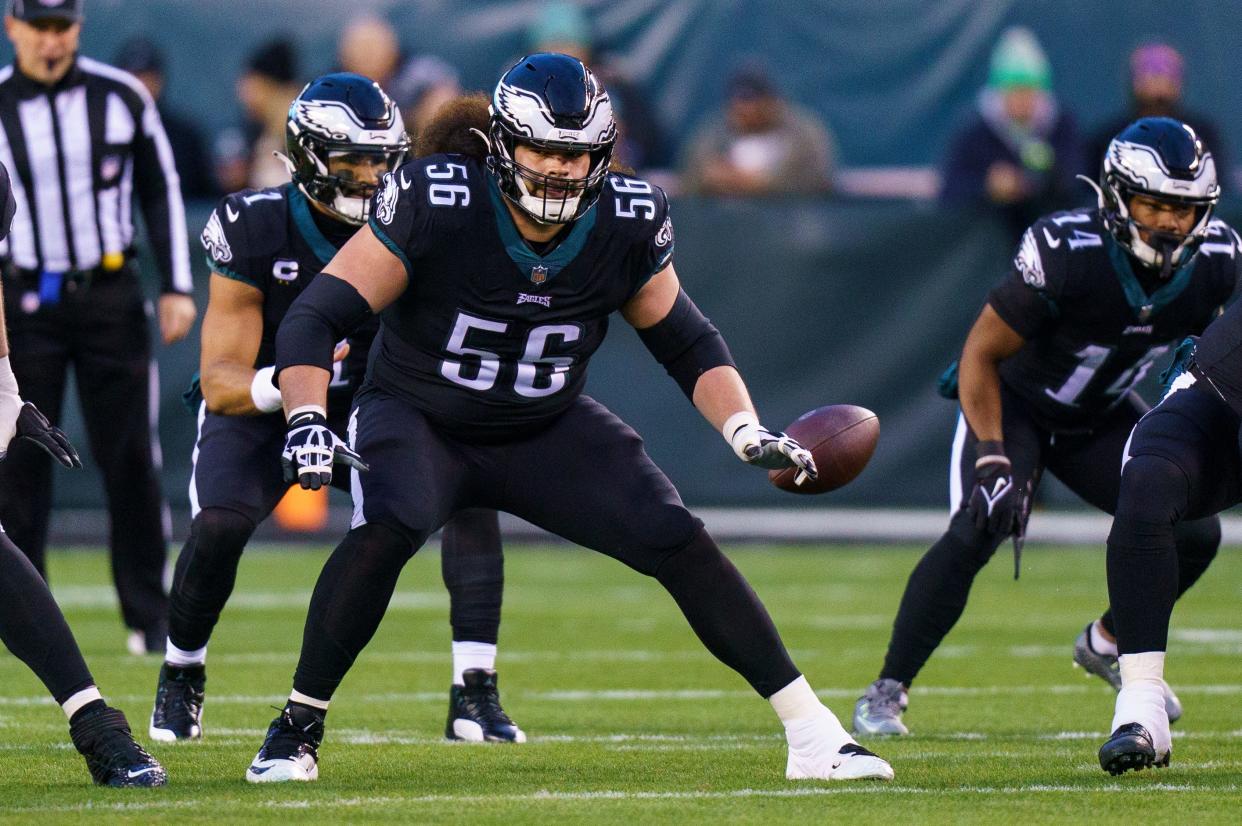 FILE - Philadelphia Eagles guard Isaac Seumalo (56) plays during an NFL football game against the New York Giants, Sunday, Jan. 8, 2023, in Philadelphia. The Pittsburgh Steelers have signed longtime Philadelphia Eagles guard Isaac Seumalo to a three-year, $24 million contract. The deal, announced Tuesday, March 21, 2023, fortifies the interior of the Steelers offensive line as Pittsburgh builds around second-year quarterback Kenny Pickett.(AP Photo/Chris Szagola, File)