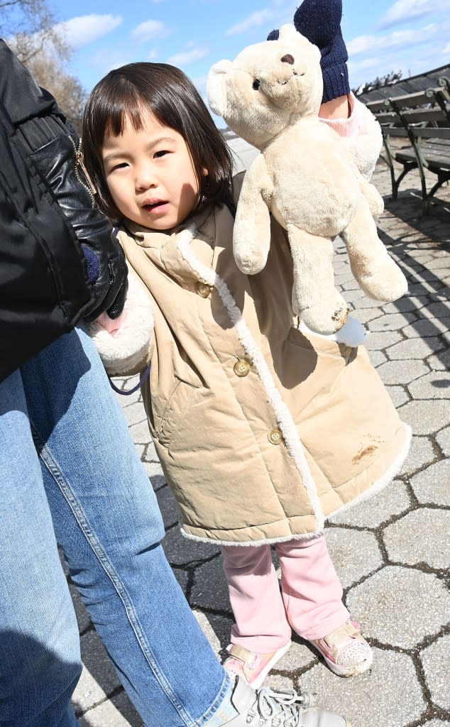 On Thursday, 3-year-old Kyung Ha had her coat and teddy <br>bear soiled by pigeon poop while playing in the park. Helayne Seidman