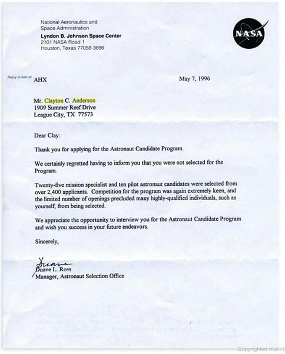 Clay Anderson rejection letter