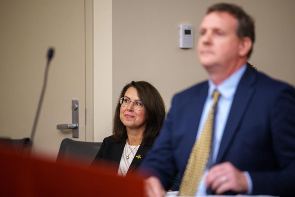 Lt. Gov. Deidre Henderson at a hearing on a lawsuit by R. Quin Denning seeking to remove Celeste Maloy as a candidate in the race to replace Rep. Chris Stewart in Congress, in Salt Lake City on Monday, July 31, 2023. | Trent Nelson