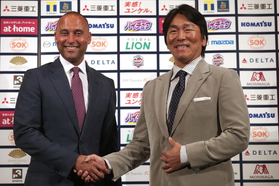 TOKYO, JAPAN - MARCH 18: Former New York Yankee players Derek Jeter (L) and Hideki Matsui pose for photographers during a press conference about the &quot;Tomodachi Charity Baseball Game&quot; on March 18, 2015 in Tokyo, Japan. At the charity event on March 21, 2015, an auction party will be held to raise funds for the Tsunami and Earthquake hit Tohoku area, Japanese professional players will teach children from the Tohoku area, and Matsui and Jeter will battle in the home-run derby. (Photo by Chris McGrath/Getty Images)