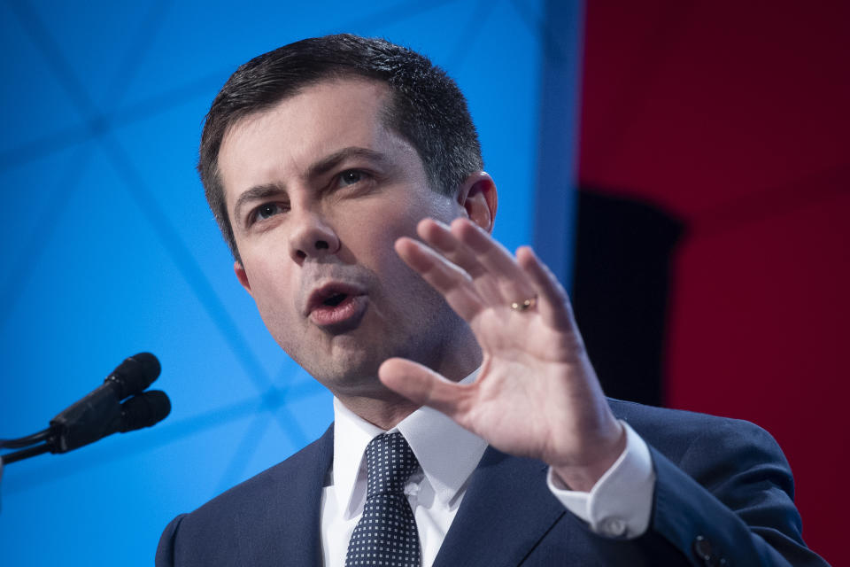 Democratic presidential candidate former South Bend, Ind., Mayor Pete Buttigieg, speaks at the ​U.S. Conference of Mayors' Winter Meeting, Thursday, Jan. 23, 2020, in Washington. (AP Photo/Cliff Owen)