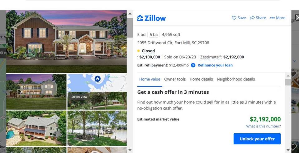 A Driftwood Circle home in Fort Mill sold last year for $2.1 million. Zillow screengrab