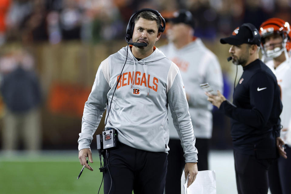 Cincinnati Bengals head coach Zac Taylor walks the sideline during the second half of an NFL football game against the Cleveland Browns in Cleveland, Monday, Oct. 31, 2022. (AP Photo/Ron Schwane)