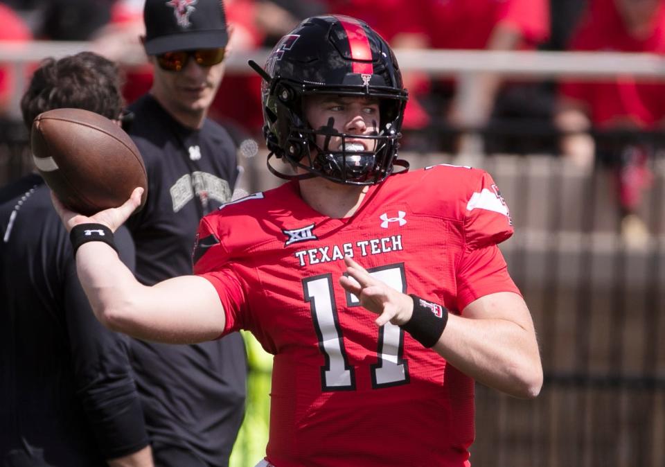 Texas Tech's quarterback Jake Strong (17) throws the ball before the game against Houston, Saturday, Sept, 30, 2023, at Jones AT&T Stadium.