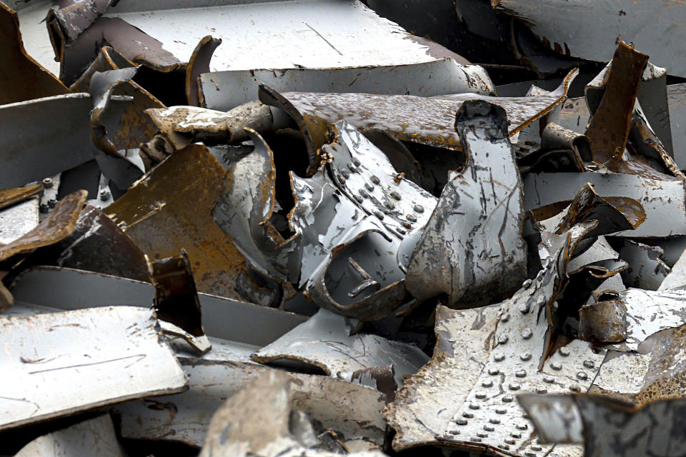 Scraps of the collapsed Francis Scott Key Bridge at Tradepoint Atlantic, Friday, April 12, 2024, in Sparrows Point, Md. (AP Photo/Julia Nikhinson)