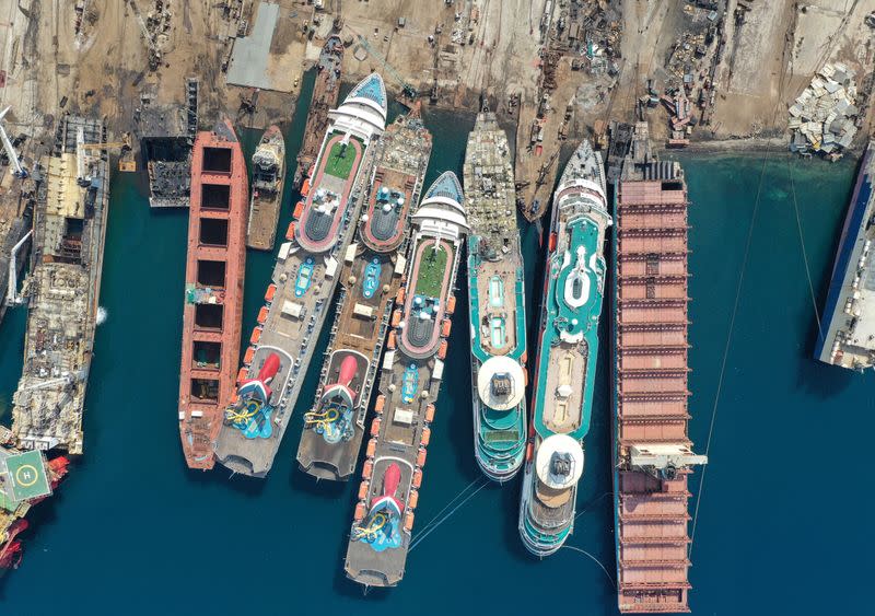 A drone image shows decommissioned cruise ships being dismantled at Aliaga ship-breaking yard in the Aegean port city of Izmir