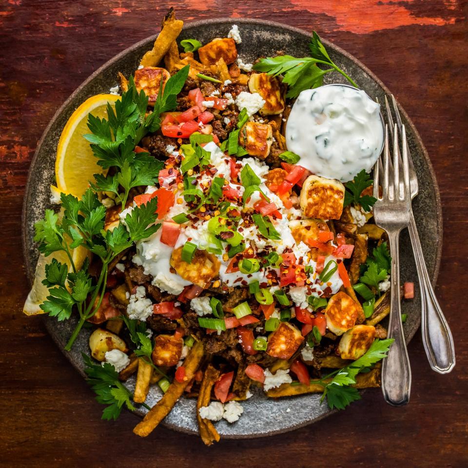 Loaded Greek Fries with Halloumi, Spiced Lamb, and Tzatziki