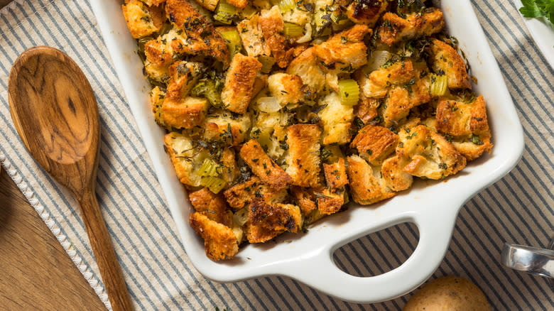 casserole dish of stuffing