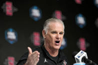 San Diego State head coach Brian Dutcher speaks during a news conference in preparation for the Final Four college basketball game in the NCAA Tournament on Thursday, March 30, 2023, in Houston. San Diego State will face Florida Atlantic on Saturday. (AP Photo/David J. Phillip)