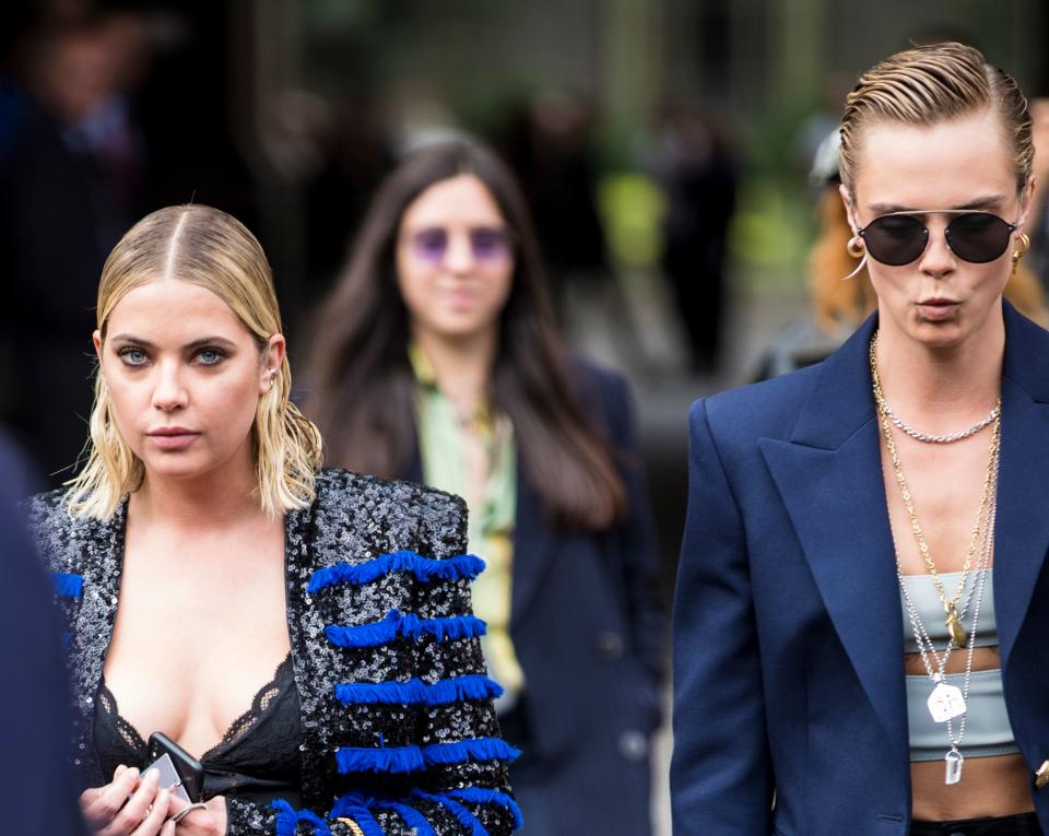 Ashley Benson and Cara Delevigne spotted out together in 2018 after a Paris fashion show. 