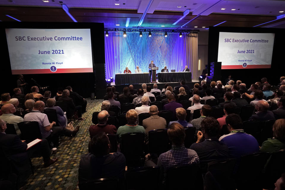 Dr. Ronnie Floyd, president and CEO of the executive committee of the Southern Baptist Convention, speaks during the executive committee plenary meeting at the denomination's annual meeting Monday, June 14, 2021, in Nashville, Tenn. (AP Photo/Mark Humphrey)