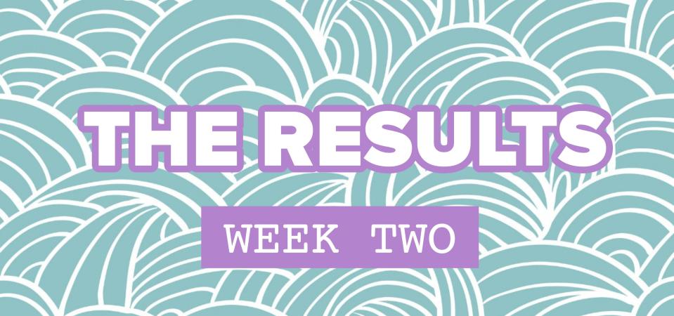 Text: "THE RESULTS, week two" over a decorative background