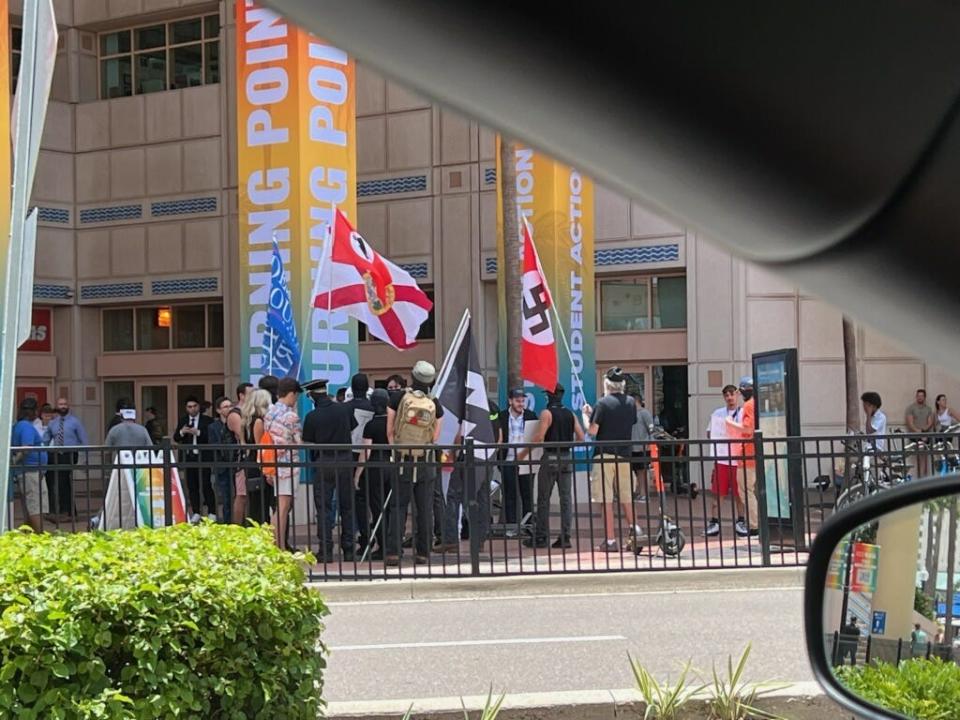 A swastika flag is seen outside of the Turning Point USA conference