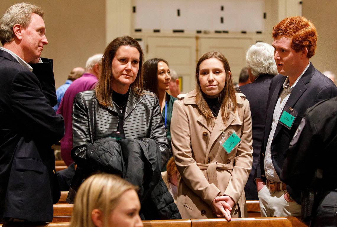 John Marvin Murdaugh and his wife Liz Murdaugh, Brooklynn White and Buster Murdaugh, from left, attend the opening day of Alex Murdaugh’s double murder trial at the Colleton County Courthouse in Walterboro, S.C, Wednesday, Jan. 25, 2023. (Grace Beahm Alford/The State via AP)