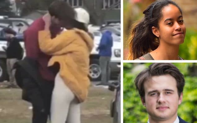 Rory Farquharson, a former head boy at the prestigious Rugby School pictured bottom right, was filmed apparently kissing Malia Obama, top right - TMZ/MEGA/Alo Ceballos/GC Images/Andrew Fox
