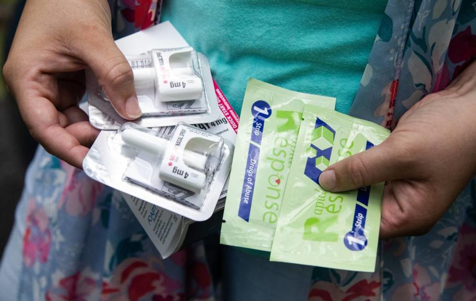 Samantha Brawley, a member of the Eastern Band of Cherokee Indians, shows off the NARCAN nasal sprays and Fentanyl test strips that she carries while traveling in and around the Cherokee Indian Reservation where she offers support to people struggling with addiction. Ten percent of the tribe’s members received a substance-abuse diagnosis in 2012, the Cherokee Indian Hospital Authority reported in 2017.