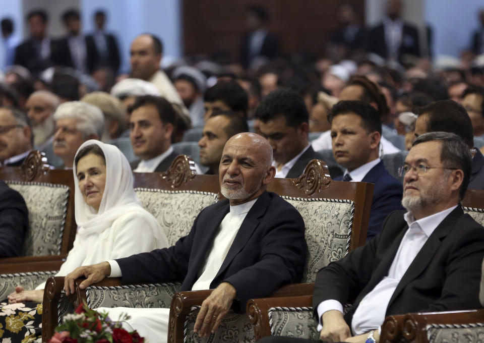 Afghan presidential candidate Ashraf Ghani, center, attends the first day of campaigning in Kabul, Afghanistan, Sunday, July 28, 2019. Sunday marked the first day of campaigning for presidential elections scheduled for Sept. 28. President Ghani is seeking a second term on promises of ending the 18-year war but has been largely sidelined over the past year as the U.S. has negotiated directly with the Taliban. (AP Photo/Rahmat Gul)