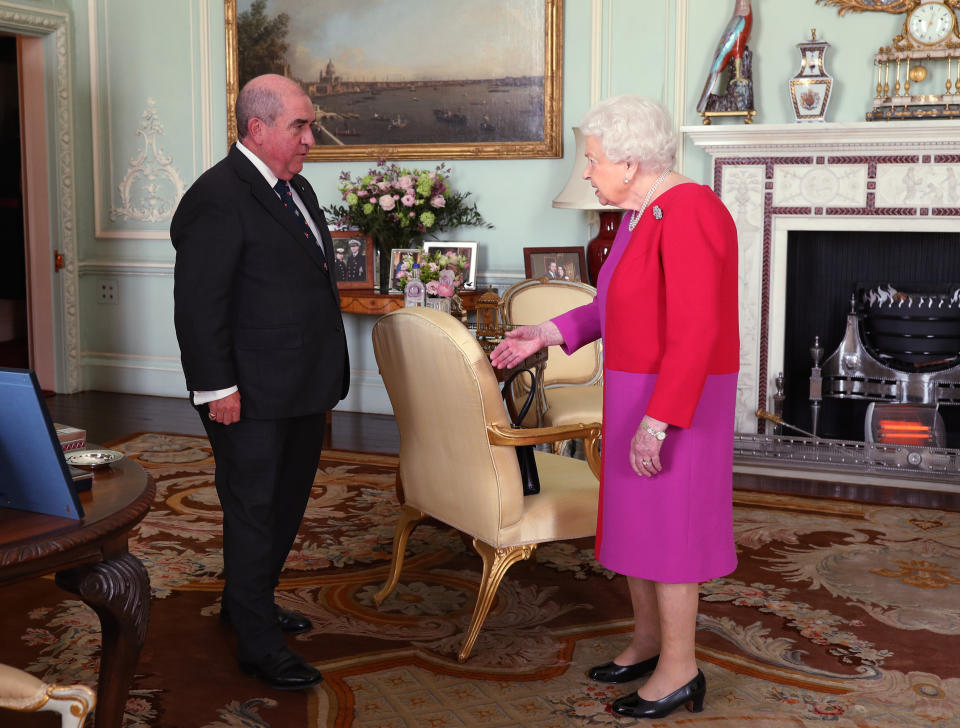 Queen Elizabeth II, Sovereign Head, the Most Venerable Order of the Hospital of St. John of Jerusalem, receives Professor Mark Compton, Lord Prior of the Order of St John, during an audience, where he  presented Her Majesty with the Orderâs first ever Service Medal in Gold, at Buckingham Palace, London. PA Photo. Picture date: Wednesday March 11, 2019. Photo credit should read: Yui Mok/PA Wire