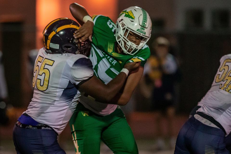 The Jupiter Community High School Warriors hosted the Boca Raton Bobcats in a Florida High School Athletic Association boys high school football playoff game at the school in Jupiter, Fla., on November 10, 2023. The Bobcats won 48-41 over the Warriors.