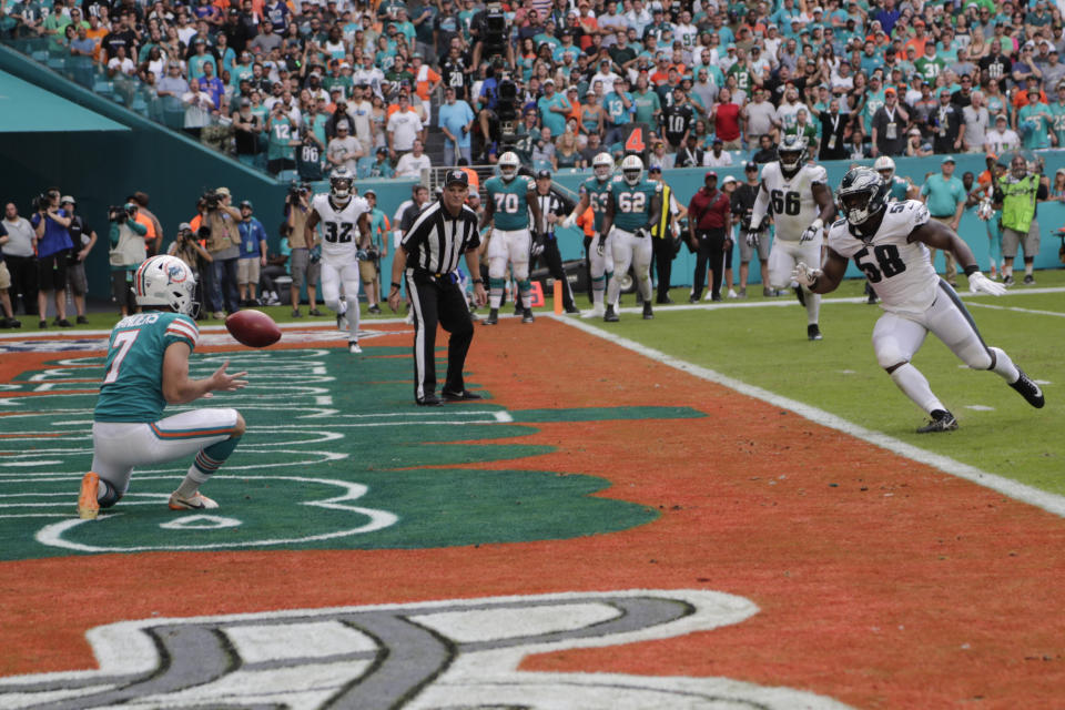 FILE - In this Dec. 1, 2019, file photo, Miami Dolphins kicker Jason Sanders (7) catches a touchdown pass during the first half at an NFL football game against the Philadelphia Eagles in Miami Gardens, Fla. (AP Photo/Lynne Sladky, File)